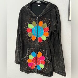 NWT Nepal Zen Jen Black Abstract Floral Hoodie, Zip, Cotton.  Handmade Nepal.